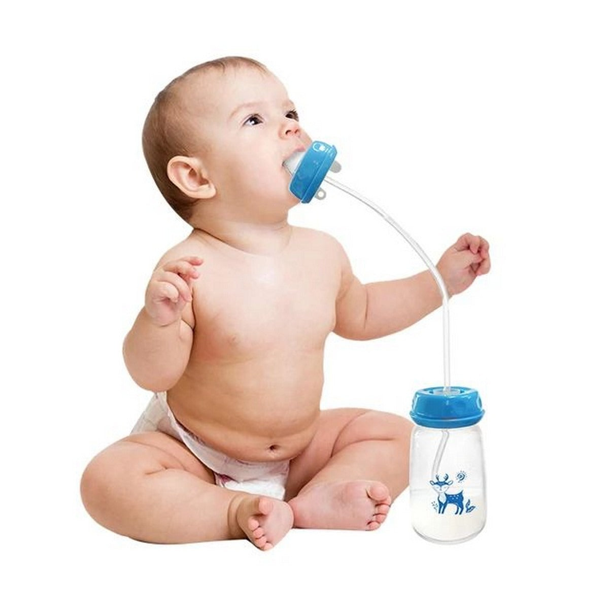 Baby Hands-Free Feeder Bottle 150ml | BPA-Free Anti-Colic Self Feeding Baby Bottle with Straw Brush